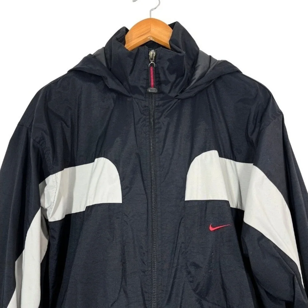 Nike Men's XL Hooded Windbreaker Jacket‎ Navy Blue White 90s Y2K Nylon Full Zip